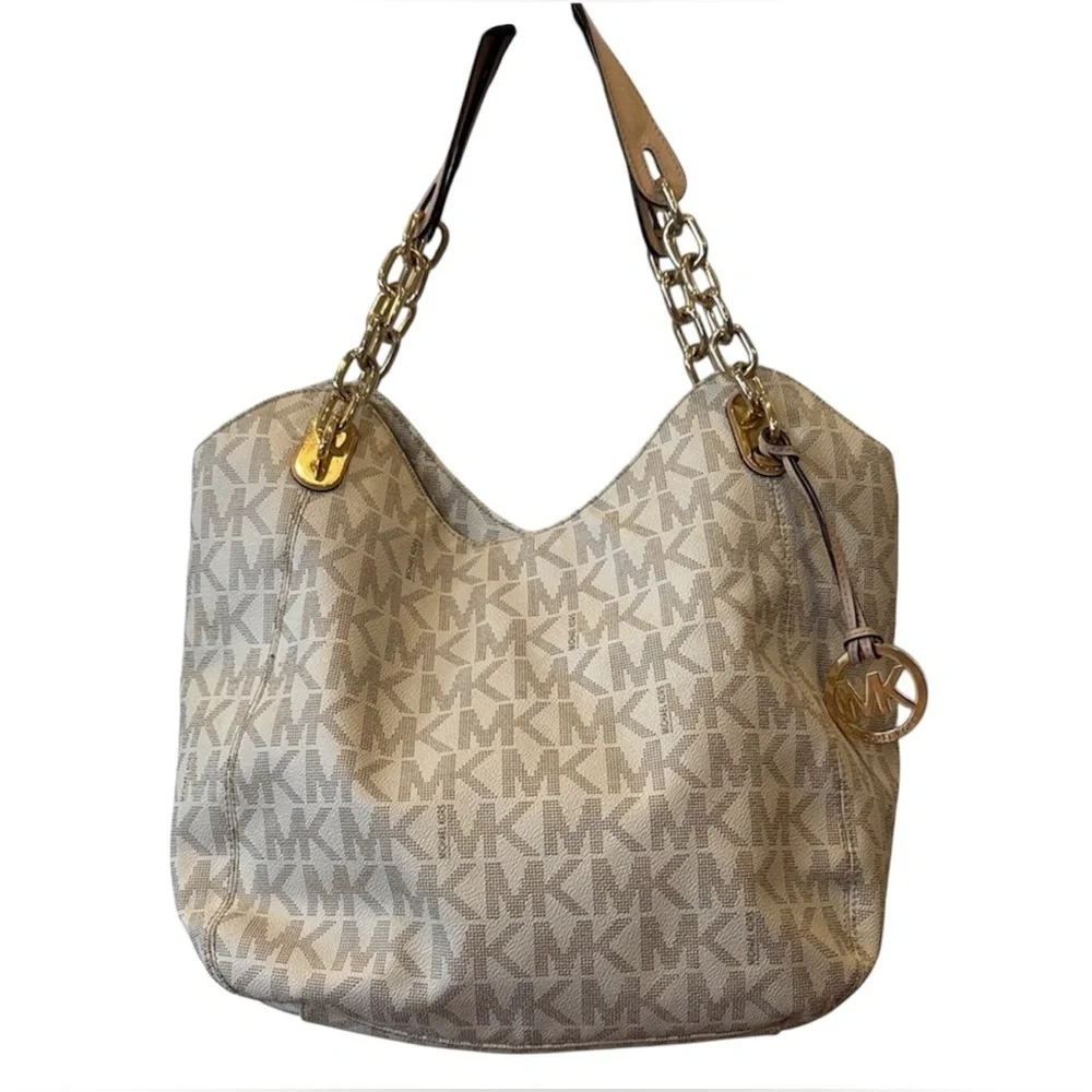 Michael Kors Tan Monogram Shoulder Bag with Gold Accents Leather MK Slouchy tote